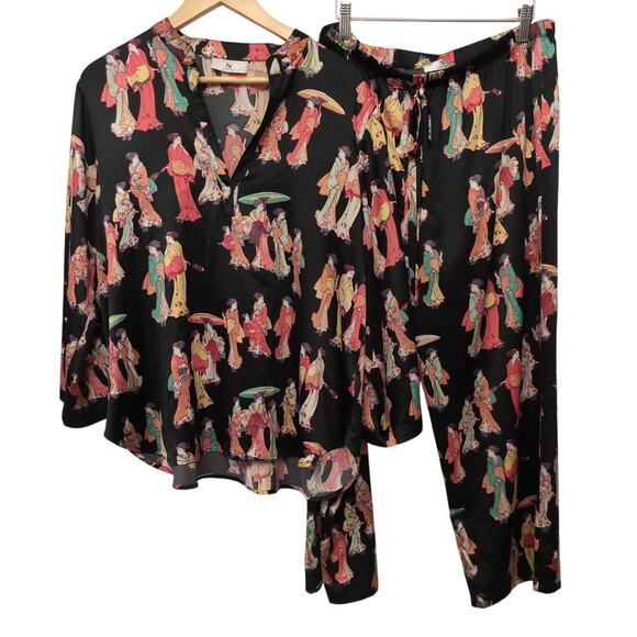 Natori Geisha-Printed Satin Pajama Set Black Multi Sleepwear 2 Pcs Lounge Luxe - Picture 1 of 7